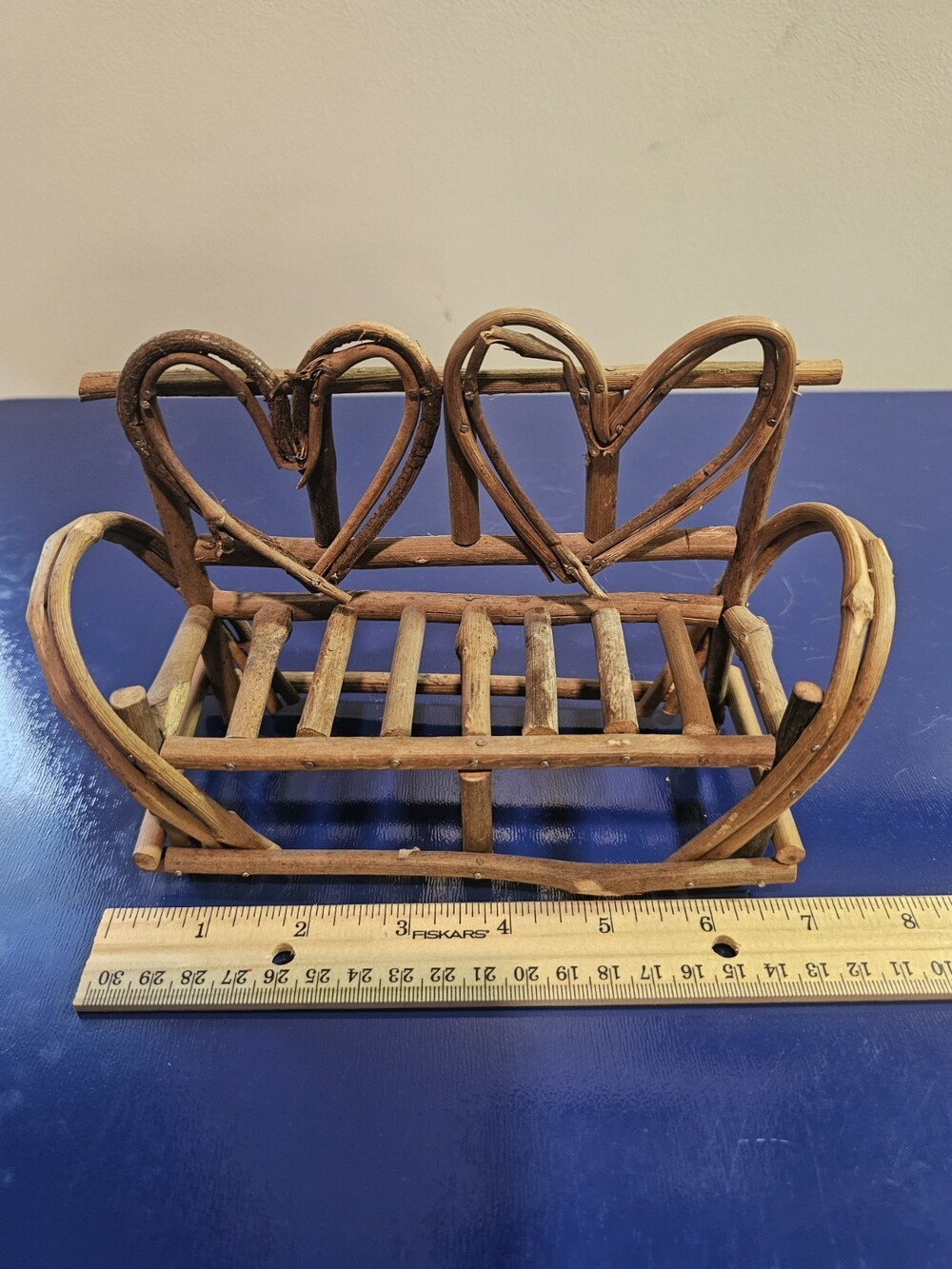 Vintage Twig Bench Settee Chair Primitive Doll Display Folk Art 7.5"x 5" HEARTS